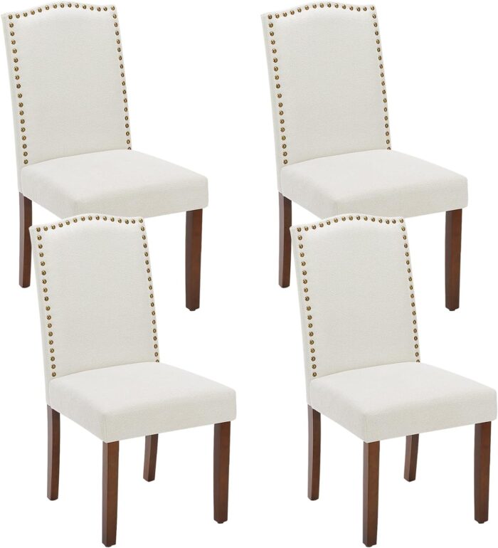 Sweetcripy Dining Chairs Set of 4, High-end Upholstered Leather Dining Room Chair with Nailhead Trim and Wood Legs, Dining Room Kitchen Side Chair for Bedroom, Living Room, Dining Room, Beige