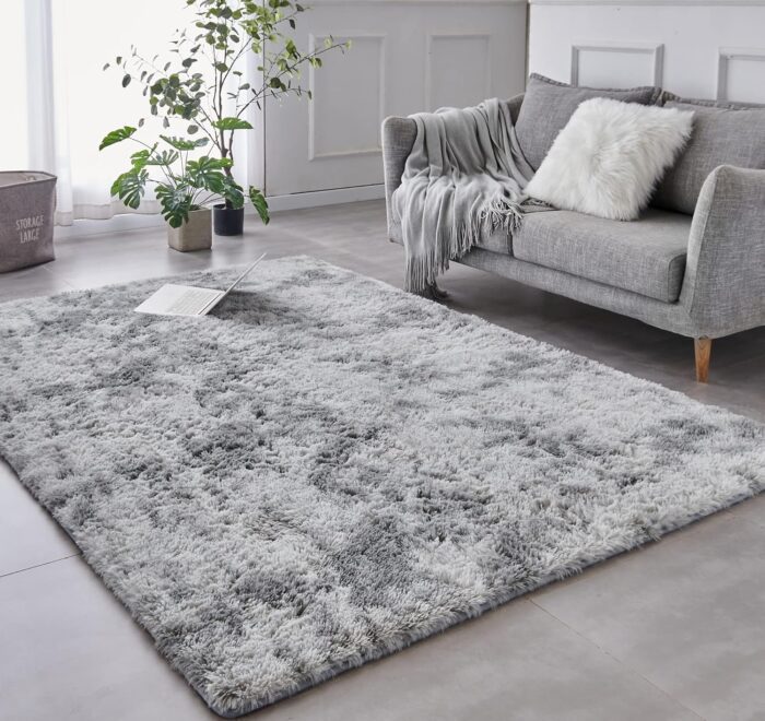 TABAYON Shag Area Rug, 4'x6' Tie-Dyed Light Grey Indoor Ultra Soft Plush Rugs for Living Room, Non-Skid Modern Nursery Faux Fur Rugs for Home Decor