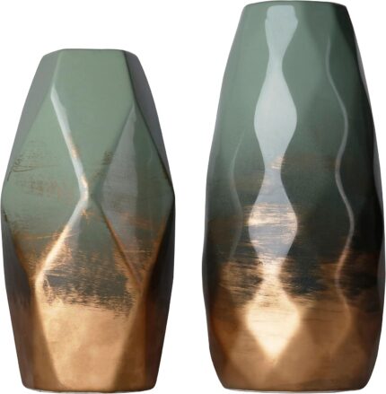 TERESA'S COLLECTIONS Green Vase Set, Gold Green Modern Ceramic Vases for Mantel Decor, Decorative Flower Vases for Home, Centerpieces, Shelf, Living Room, Ideal Gifts for Fathers Day, Dad-Set of 2, 9"