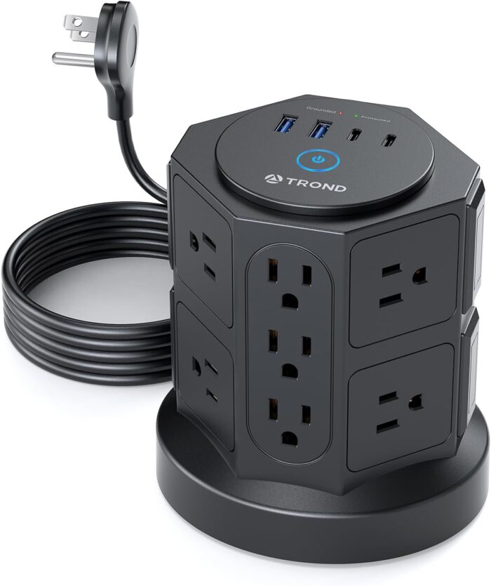 TROND Tower Surge Protector Power Strip with USB, 14 Widely Spaced Outlets, 2 USB C and 2 USB A, 2100J Surge Protection, 6 Feet Extension Cord with Multiple Outlets Home, Office, Dorm Essentials Black