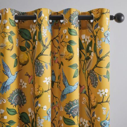 Topfinel Living Room Curtains 72 Inches Long Mustard Yellow Vintage Curtains & Drapes, Room Darkening Grommet Luxury Whimsical Floral Lemon Hummingbird Colorful Blackout Drapes for Living Room Bedroom