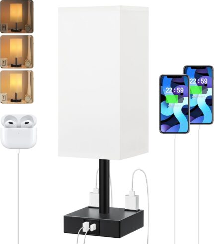 Touch Bedside Table Lamp For Nightstand - 3-Way Dimmable Night Lamp with USB A + Type C Charging Ports and two AC Outlets, Small Desk Light with E26 LED Bulb for Bedroom Living Room ,WHITE BLACK