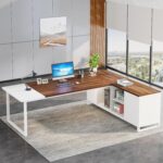 Tribesigns 70.8" L-Shaped Executive Desk with 55" File Cabinet, Large Home Office Computer Desk with Storage Shelves and Cabinet, Modern Business Furniture Set Home Office, Walnut White