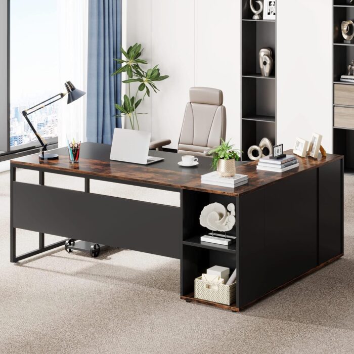 Tribesigns 71 inch Executive Desk, L Shaped Desk with Cabinet Storage, Executive Office Desk with Shelves, Business Furniture Desk Workstation for Home Office, Brown and Black