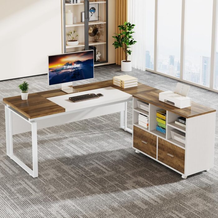 Tribesigns L-Shaped Executive Desk with Reversible File Cabinet, 63" Office Desk with Storage Drawers, Computer Desk Set (Oak Karo & White)