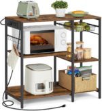 VASAGLE Baker's Rack, Coffee Bar Stand with Charging Station, Storage Shelves, Pull-Out Wire Basket, Table for Microwave, Kitchen, Rustic Brown UKKS036K01, 15.7 x 35.4 x 35.6 Inches