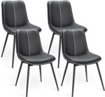 VASAGLE Leather Dining Chairs Set of 4, Comfortable Upholstered Seat with Metal Legs and Swivel Leveling Feet, Curved Backrest Kitchen Chair for Living, Bedroom, Restaurant, Easy Assemble, Ink Black