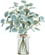 VIERENA Artificial Eucalyptus Stems in Glass Vase with Faux Water,15" Fake Plant Eucalyptus Leaves White Seeds for Centerpiece Table Decorations Farmhouse Wedding Home Greenery Decor (White-Green)