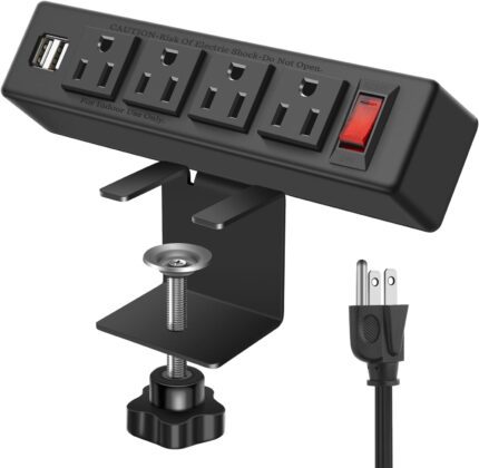 VILONG Desk Clamp Power Strip with USB Port Removable Clamp Power Outlet Socket with Switch 9.85 ft Extension Cord Connect 4 Plugs for Home Office Reading