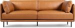 Valencia Chloe 87” Wide Cognac Tan Brown Full Leather Sofa | Modern Nappa Leather Cloud Couch with 2 Pillows for Living Room/Apartment Furniture | Mid Century Lounge Sofa