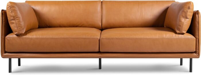 Valencia Chloe 87” Wide Cognac Tan Brown Full Leather Sofa | Modern Nappa Leather Cloud Couch with 2 Pillows for Living Room/Apartment Furniture | Mid Century Lounge Sofa