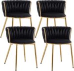 Velvet Dining Chairs Set of 4, Modern Woven Dining Chair with Metal Legs, Gold Upholstered Dining Chairs for Dining Room, Kitchen, Vanity, Living Room (Black)