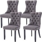 Virabit Tufted Dining Chairs Set of 4, Velvet Upholstered Dining Chairs with Nailhead Back and Ring Pull Trim, Solid Wood Dining Chairs for Kitchen/Bedroom/Dining Room (Grey)