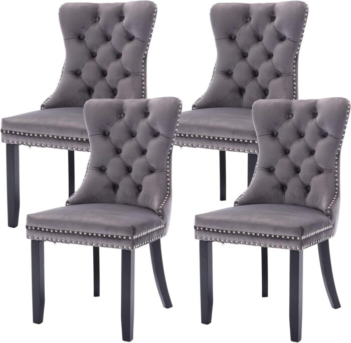 Virabit Tufted Dining Chairs Set of 4, Velvet Upholstered Dining Chairs with Nailhead Back and Ring Pull Trim, Solid Wood Dining Chairs for Kitchen/Bedroom/Dining Room (Grey)