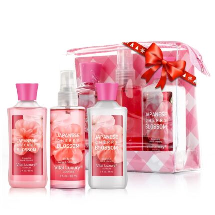 Vital Luxury Bath & Body Care Travel Set - Home Spa Set with Body Lotion, Shower Gel and Fragrance Mist, Valentines Day Gifts for Her and Him(Japanese Cherry Blossom)