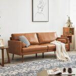 Vonanda Faux Leather Sofa Couch, Mid-Century 73 Inch 3 Seater Leather Couch with Hand-Stitched Comfort Cushion and Bolster Pillows for Living Room,Elegant Cognac Tan