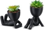 WOODWORD Fake Succulent, Mini Succulents Plants Artificial in Black Modern Human Shaped Ceramic Pots Desk Decor Desk Plant for Office Decor for Women, Cute Fake Plants Bathroom Decor 2PCS