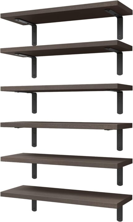 WOPITUES Floating Shelves Set of 6, Wood Rustic Farmhouse Shelves for Wall Decor, Bathroom Shelves, Book Shelves for Living Room-Dark Brown