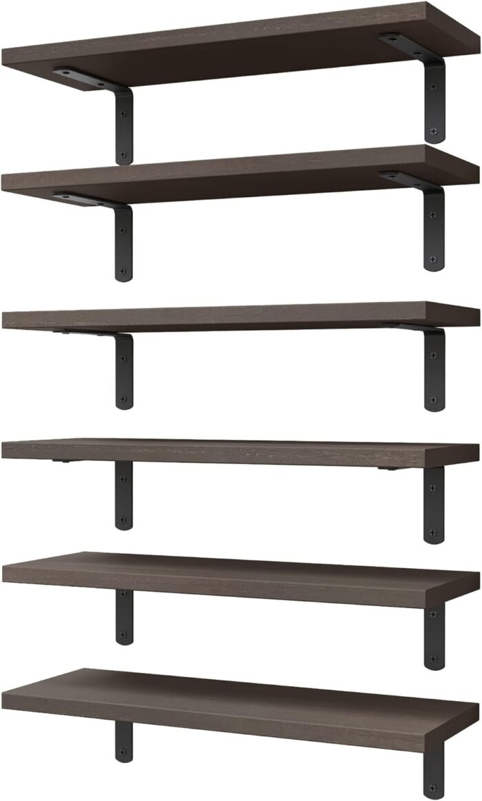 WOPITUES Floating Shelves Set of 6, Wood Rustic Farmhouse Shelves for Wall Decor, Bathroom Shelves, Book Shelves for Living Room-Dark Brown