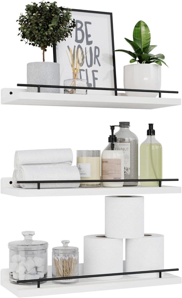 WOPITUES Floating Shelves with Black Metal Guardrail, Shelves for Wall Decor Set of 3, Wall Shelves for Bedroom, Bathroom, Kitchen, Living Room, Plants, Picture Frames, Art- Black and White