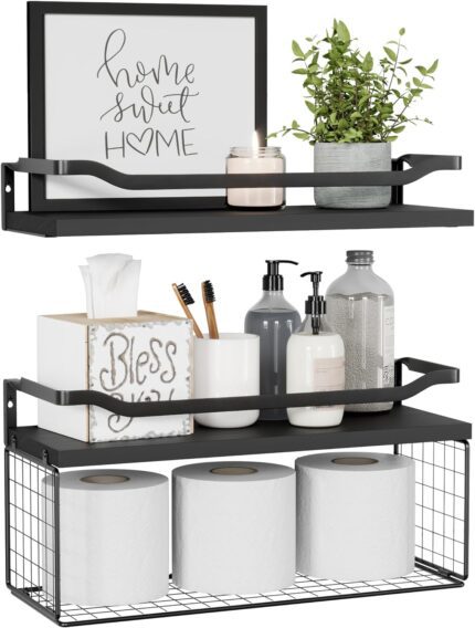 WOPITUES Floating Shelves with Wire Storage Basket, Bathroom Shelves Over Toilet with Protective Metal Guardrail, Wood Wall Shelves for Bathroom, Bedroom, Living Room, Toilet Paper-Black