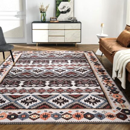 Washable Rug 5x7 Area Rugs Machine Washable Rugs for Living Room Boho Rustic Area Rugs Vintage Carpets for Bedroom Home Decor(Brown/Red)