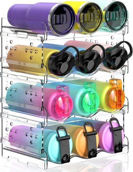 Water Bottle Organizer - 4 Pack Stackable Cup Organizer for Cabinet, Countertop, Pantry and Fridge, Free-Standing Tumbler Kitchen Storage Holder for Wine and Drink Bottles, Clear Plastic