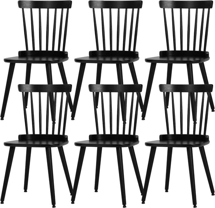 Windsor Dining Chair Set of 6 Farmhouse Solid Wood Spindle Back Side Chair Mid-Century Modern Black Armless Kitchen Chair for Dining Living Room Farmhouse Restaurant