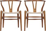 Wishbone Chair Natural Solid Wood Dining Chair/Hans Wegner Y-Shaped Backrest Hemp Seat Dining Room Chairs Set of 2, Mid-Century Rattan Dining Chair in Walnut (Ash Wood - Walnut)