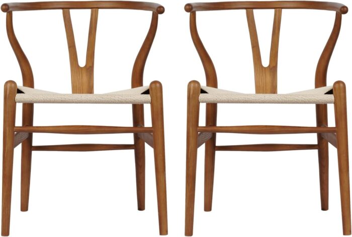 Wishbone Chair Natural Solid Wood Dining Chair/Hans Wegner Y-Shaped Backrest Hemp Seat Dining Room Chairs Set of 2, Mid-Century Rattan Dining Chair in Walnut (Ash Wood - Walnut)