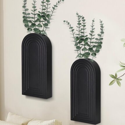 Wooden Wall Planter, Set of 2, Black, Modern Farmhouse Decor for Indoor Plants, Hanging Planter for Living Room, Bathroom Decor, Dried Flowers and Faux Greenery