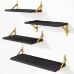 YGEOMER Floating Shelves, Rustic Wood Shelves, 4 Sets of Wall Mounted Shelf for Bathroom Decor, Bedroom, Living Room and Plants (Black & Gold)