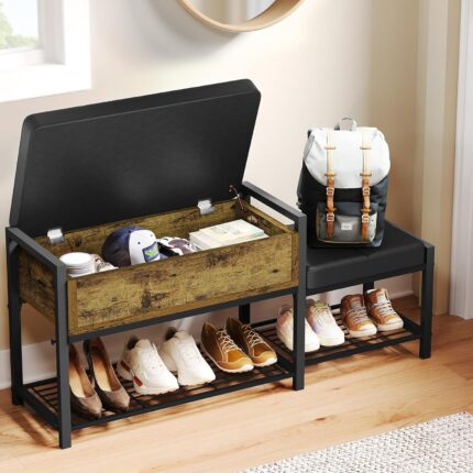 YITAHOME Shoe Storage Bench with PU Leather Cushion, Lift Top Entryway Bench with Shoe Storage Rack Parent-Child Shoe Rack Organizer, for Hallway, Bedroom, Living Room (39.4" W Rustic Brown)