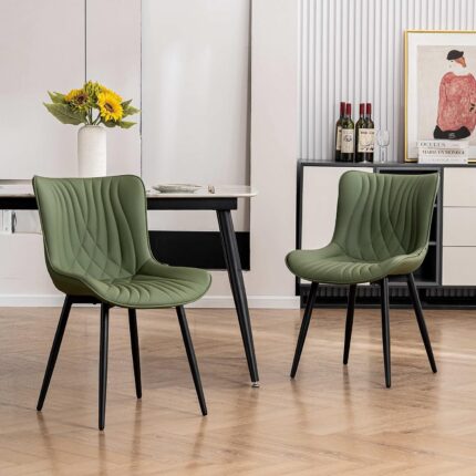 YOUTASTE Dining Chairs Set of 2 Upholstered Mid Century Modern Kitchen Dining Living Room Chairs Armless Faux Leather Accent Chair Metal Vanity Lounge Chair with Back for Bedrooms,Olive Green