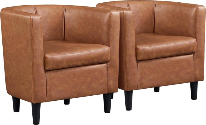 Yaheetech Accent Chair, PU Leather, Modern and Comfortable Armchairs, Upholstered Barrel Sofa Chair for Living Room Bedroom Waiting Room, 2PCS, Brown