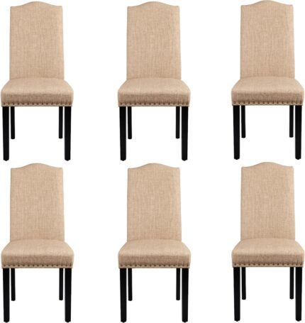 Yaheetech Dining Chairs Set of 6 Upholstered Parsons Chairs, Fabric Dining Room Kitchen Side Chair with Rubber Wood Legs and Nailhead Trim for Living Room, Khaki