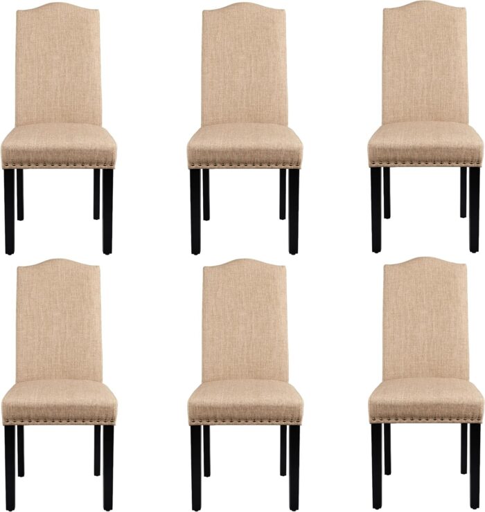 Yaheetech Dining Chairs Set of 6 Upholstered Parsons Chairs, Fabric Dining Room Kitchen Side Chair with Rubber Wood Legs and Nailhead Trim for Living Room, Khaki