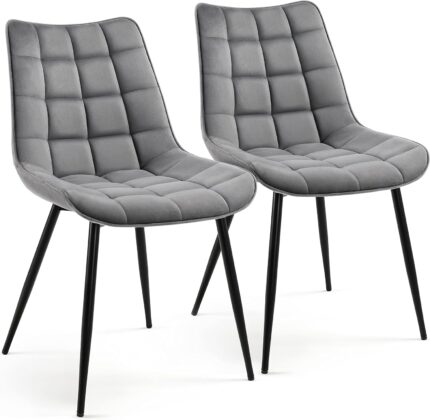 Yaheetech Dining Chairs Upholstered Velvet Side Chairs Modern Style Chairs with Cushioned Seat and Metal Legs for Kitchen Living Room Lounge, 2PCS, Gray