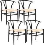 Yaheetech Set of 4 Weave Chair Mid-Century Metal Dining Chair Y-Shaped Backrest Hemp Seat, Black