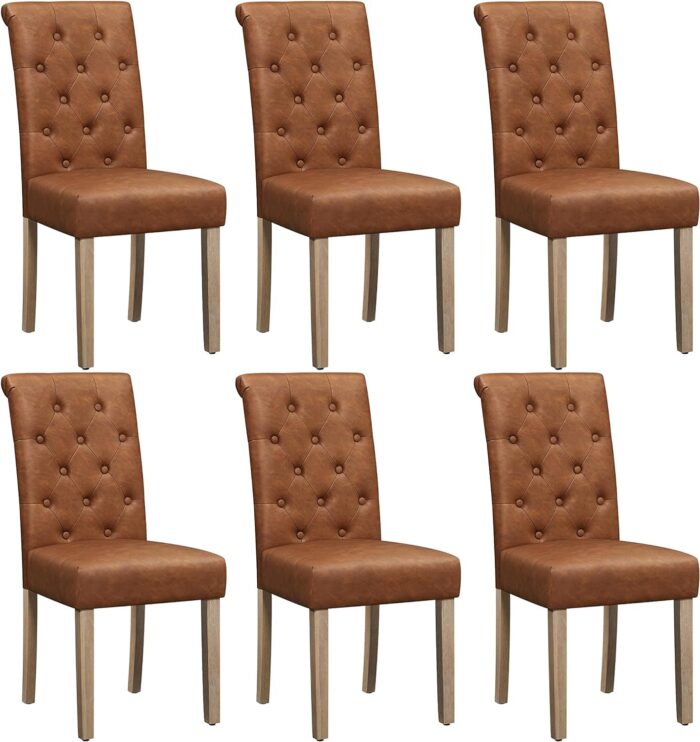 Yaheetech Upholstered Parsons Dining Chairs Set of 6, Faux Leather Button Tufted Chairs with High Back & Padded Seat & Solid Wood Legs for Kitchen Living Room Lounge, Retro Brown(3 Package)