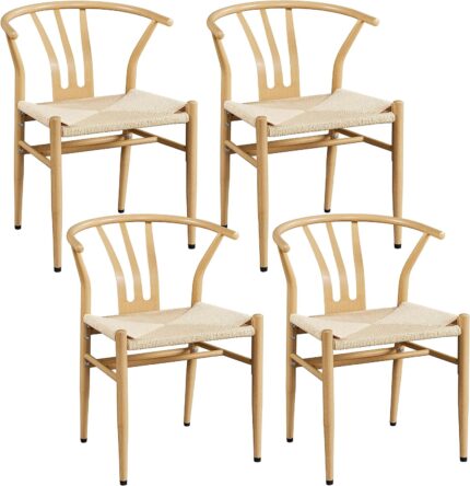 Yaheetech Weave Dining Chairs Weave Arm Chairs Set of 4 Mid-Century Modern Chair Dining Room Chairs Metal Frame Accent Chair Rattan Dining Chairs Weave Hemp Seat, Wood Color