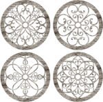 Yulejo 4 Pcs Thicken Rustic Wall Decor Farmhouse Wall Art Wooden Hollow Carved Design Decor Rustic Round Wall Art for Living Room Bedroom Hallway Decor Kitchen Wall (Retro White,9.8 x 9.8 Inch)