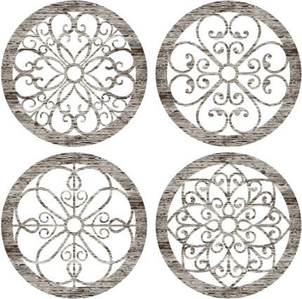 Yulejo 4 Pcs Thicken Rustic Wall Decor Farmhouse Wall Art Wooden Hollow Carved Design Decor Rustic Round Wall Art for Living Room Bedroom Hallway Decor Kitchen Wall (Retro White,9.8 x 9.8 Inch)