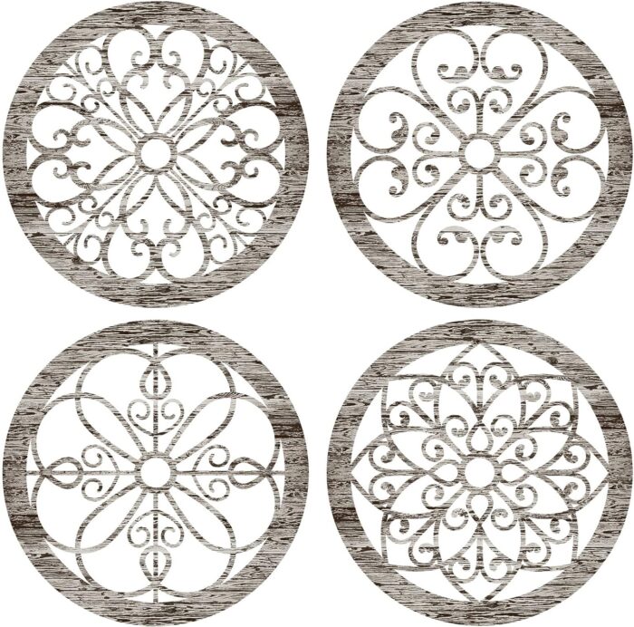 Yulejo 4 Pcs Thicken Rustic Wall Decor Farmhouse Wall Art Wooden Hollow Carved Design Decor Rustic Round Wall Art for Living Room Bedroom Hallway Decor Kitchen Wall (Retro White,9.8 x 9.8 Inch)