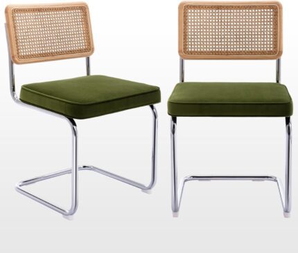 Zesthouse Mid Century Modern Dining Chairs Set of 2, Velvet Accent Chairs with Natural Cane Back & Stainless Chrome Base, Famous Breuer Designed Chairs, Upholstered Rattan Kitchen Chairs,Green