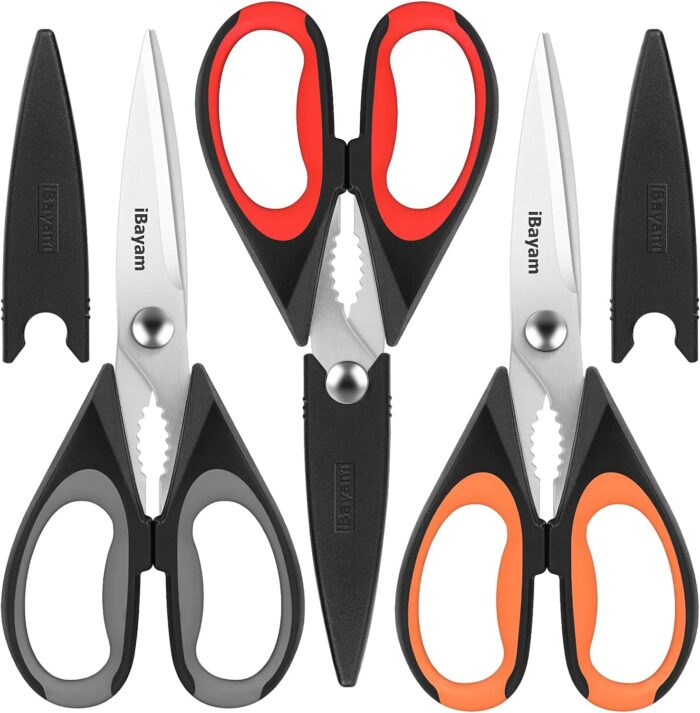 iBayam 3-Pack Kitchen Scissors All Purpose Kitchen Shears Heavy Duty Scissors with Protective Sheath for Food, 8.5" Comfort Grip Stainless Steel Dishwasher Safe Cooking Scissors, Kitchen Utensils