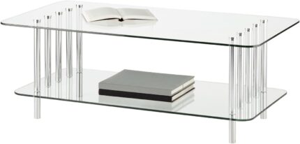 mDesign Long Glass Top Coffee Table - Modern Decorative Accent Metal Rectangular Furniture for Bedroom, Living Room, Home Office, Dorm Room - 16" Tall - Clear/Chrome