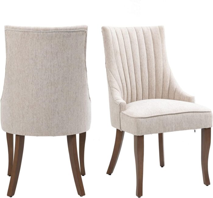 mikibama Linen Dining Chairs Set of 2 Channel Tufted Kitchen Dinner Chair Comfy Fabric Upholstered Accent Chair for Dining Room with Solid Wood Legs (Beige)