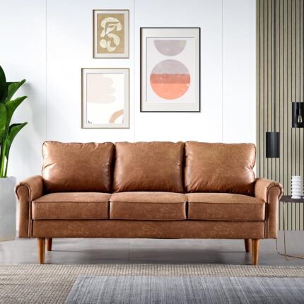 ovios 3-Seater Suede Leather Sofa with Comfy Cushion, Mid-Century Modern Couch for Living Room, Apartment and Small Space, 73.6", Brown