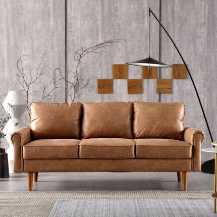 ovios 73.6" Mid Century Modern Sofa Couch, 3 Seater Suede Leather Couches with Armrests and Comfy Cushions, Deep Seat Sofas for Living Room Bedroom Apartment, Brown